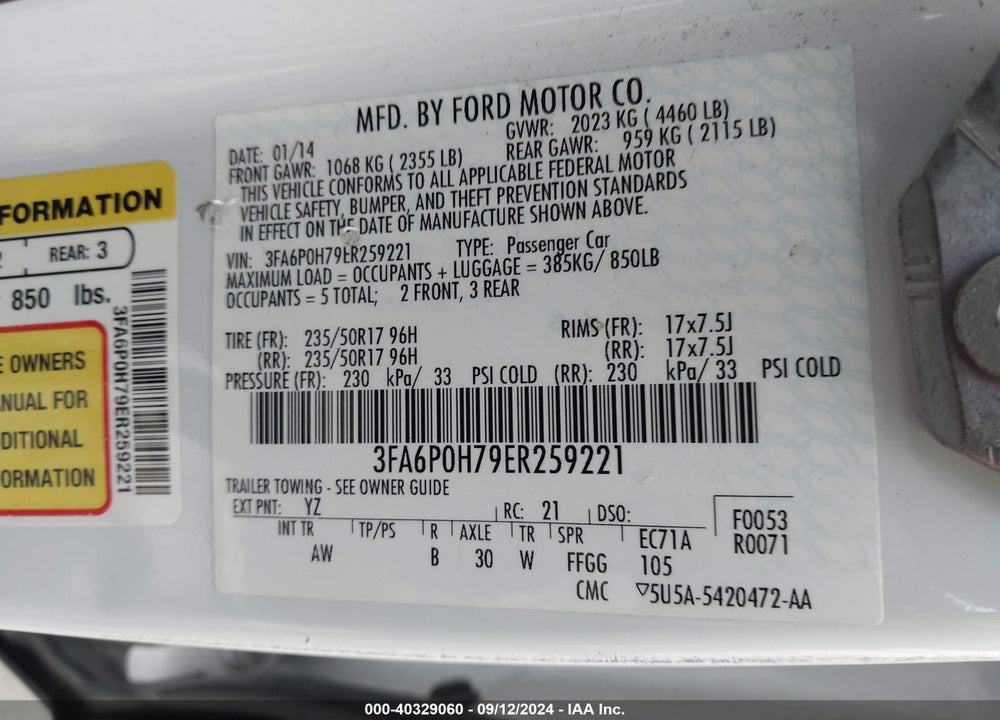 2014 FORD FUSION SE VIN: 3FA6P0H79ER259221