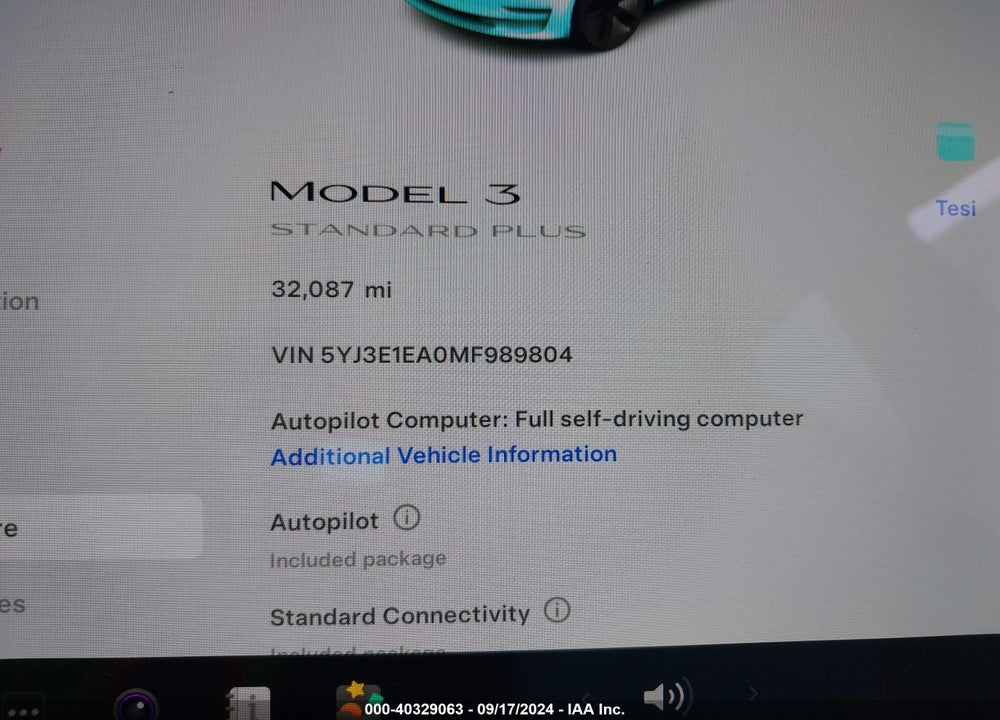 2021 TESLA MODEL 3 STANDARD RANGE PLUS REAR-WHEEL DRIVE VIN: 5YJ3E1EA0MF989804
