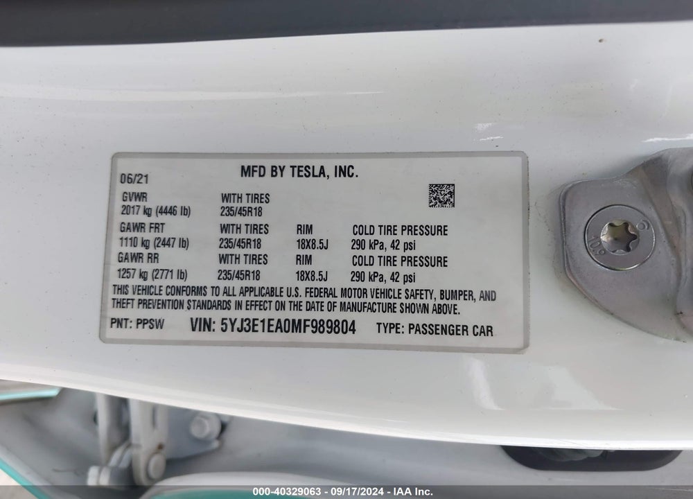 2021 TESLA MODEL 3 STANDARD RANGE PLUS REAR-WHEEL DRIVE VIN: 5YJ3E1EA0MF989804
