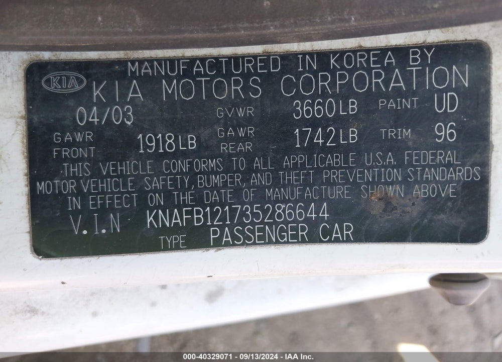 2003 KIA SPECTRA LS VIN: KNAFB121735286644