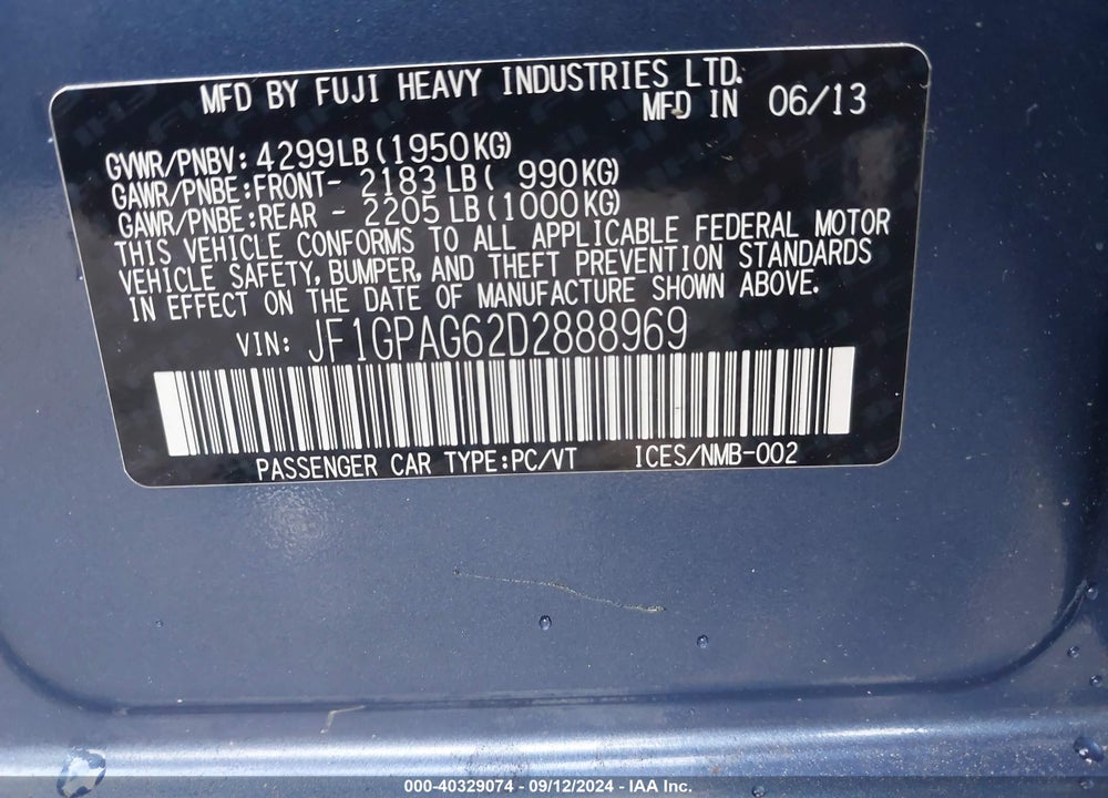 2013 SUBARU IMPREZA 2.0I LIMITED VIN: JF1GPAG62D2888969