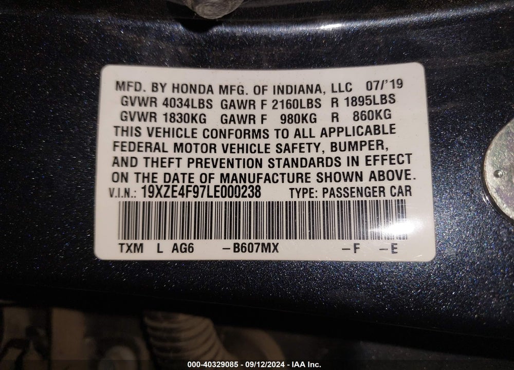2020 HONDA INSIGHT TOURING VIN: 19XZE4F97LE000238
