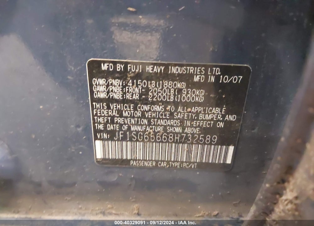 2008 SUBARU FORESTER 2.5X VIN: JF1SG65668H732589