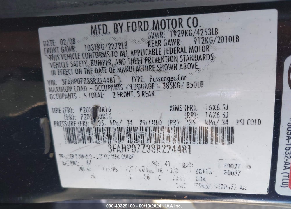 2008 FORD FUSION SE VIN: 3FAHP07Z38R224481