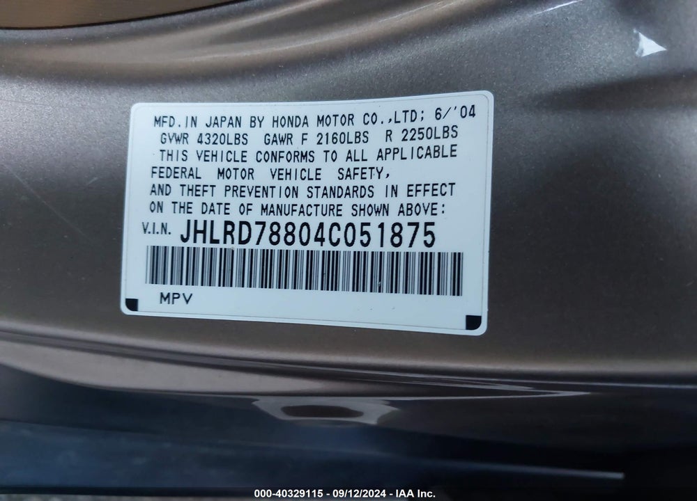 2004 HONDA CR-V EX VIN: JHLRD78804C051875