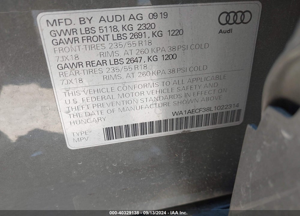 2020 AUDI Q3 PREMIUM 45 TFSI QUATTRO TIPTRONIC VIN: WA1AECF38L1022314