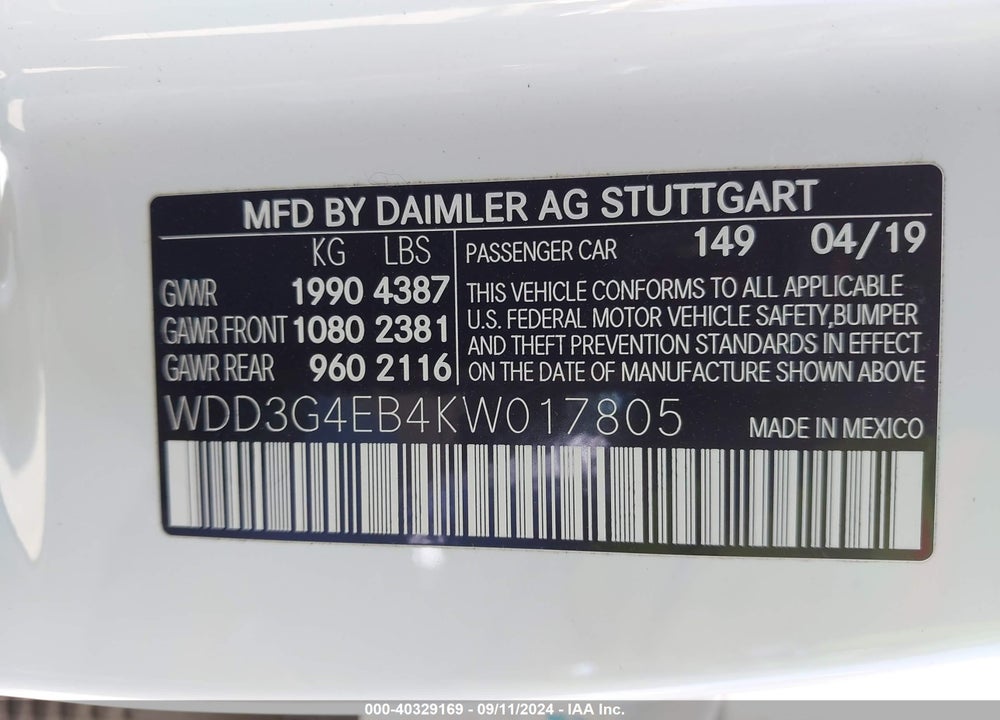2019 MERCEDES-BENZ A 220 VIN: WDD3G4EB4KW017805