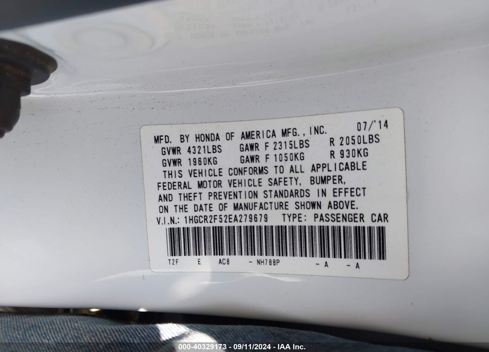 2014 HONDA ACCORD SPORT VIN: 1HGCR2F52EA279679