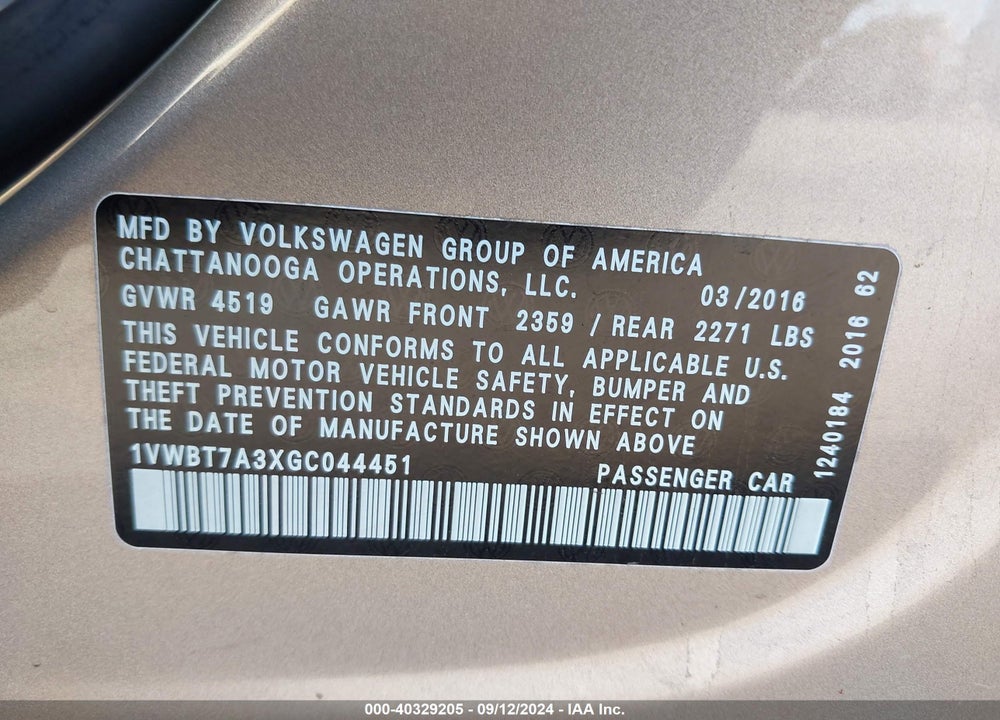 2016 VOLKSWAGEN PASSAT 1.8T SE VIN: 1VWBT7A3XGC044451