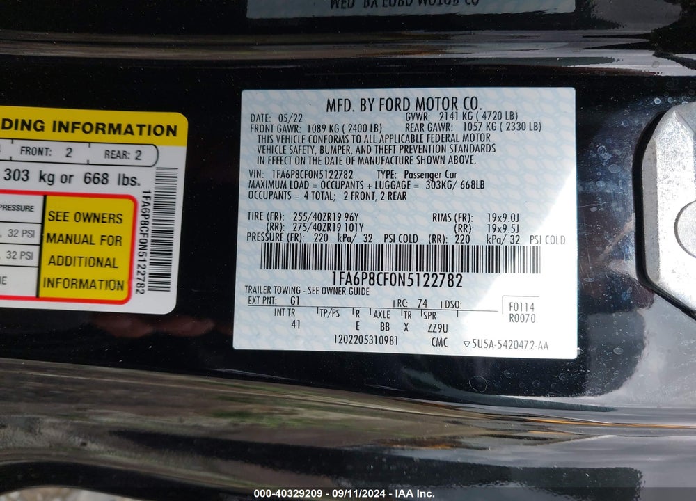 2022 FORD MUSTANG GT PREMIUM FASTBACK VIN: 1FA6P8CF0N5122782