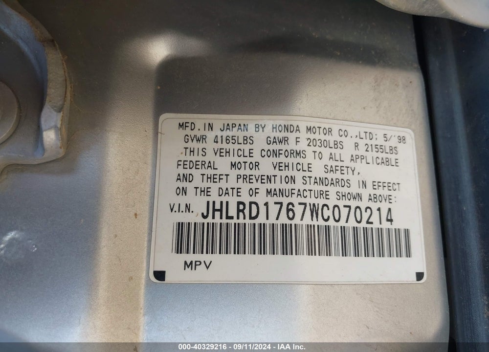 1998 HONDA CR-V VIN: JHLRD1767WC070214