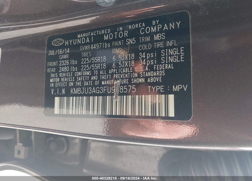 2015 HYUNDAI TUCSON LIMITED VIN: KM8JU3AG3FU978575