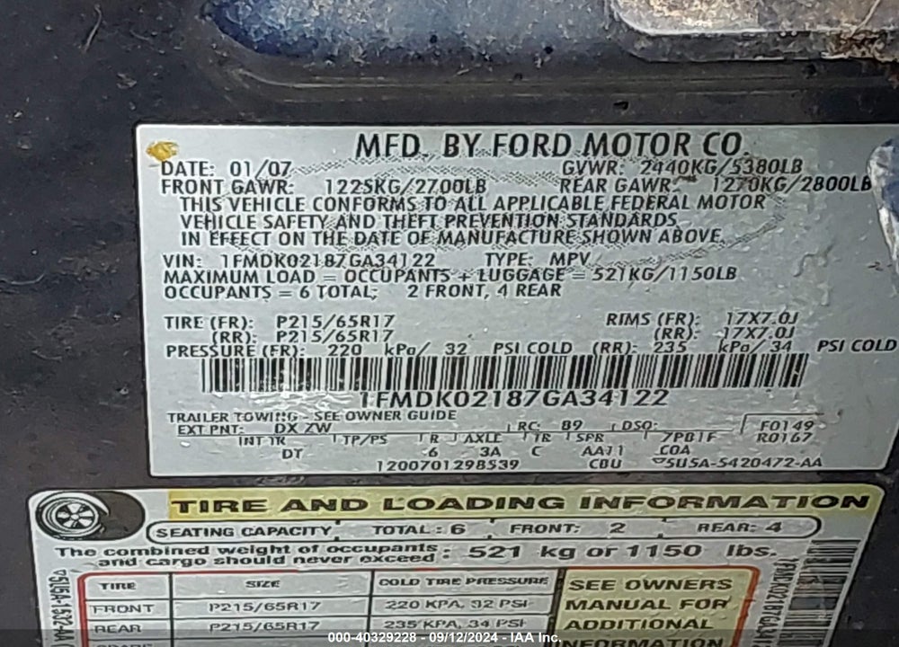 2007 FORD FREESTYLE SEL VIN: 1FMDK02187GA34122