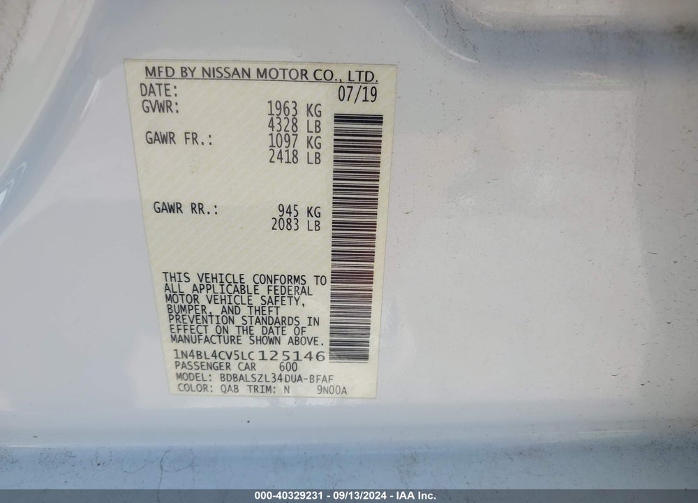 2020 NISSAN ALTIMA 2.5 SR VIN: 1N4BL4CV5LC125146