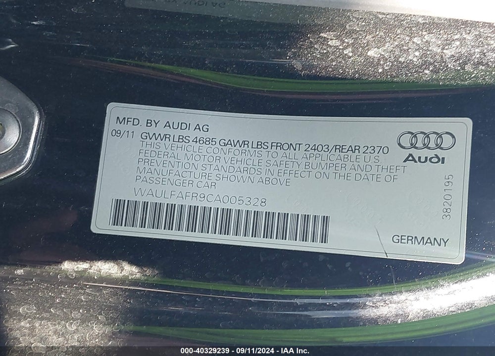 2012 AUDI A5 2.0T PREMIUM VIN: WAULFAFR9CA005328