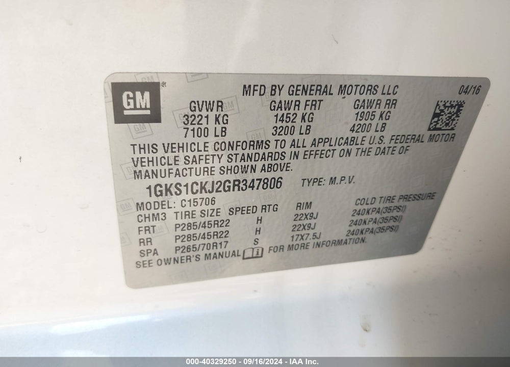 2016 GMC YUKON DENALI VIN: 1GKS1CKJ2GR347806
