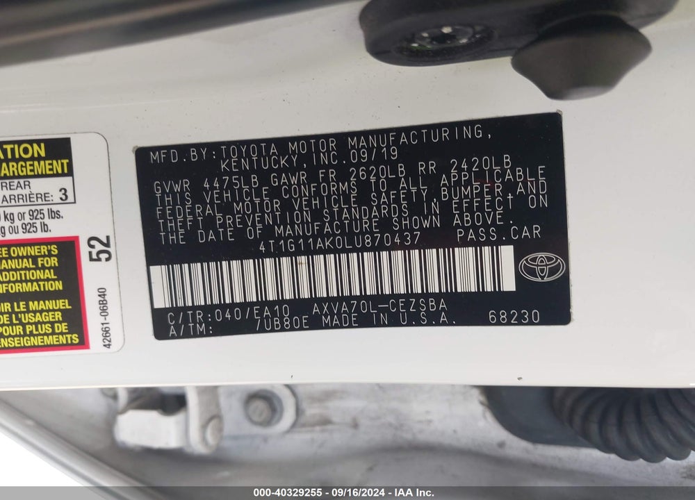 2020 TOYOTA CAMRY SE VIN: 4T1G11AK0LU870437