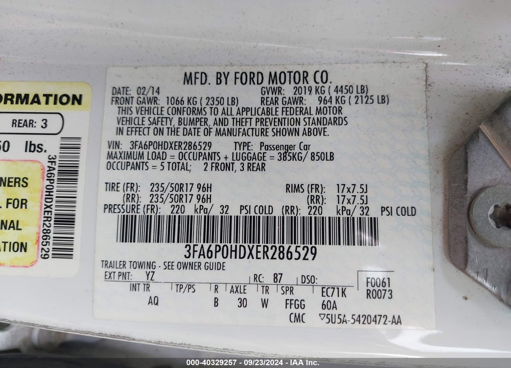 2014 FORD FUSION SE VIN: 3FA6P0HDXER286529