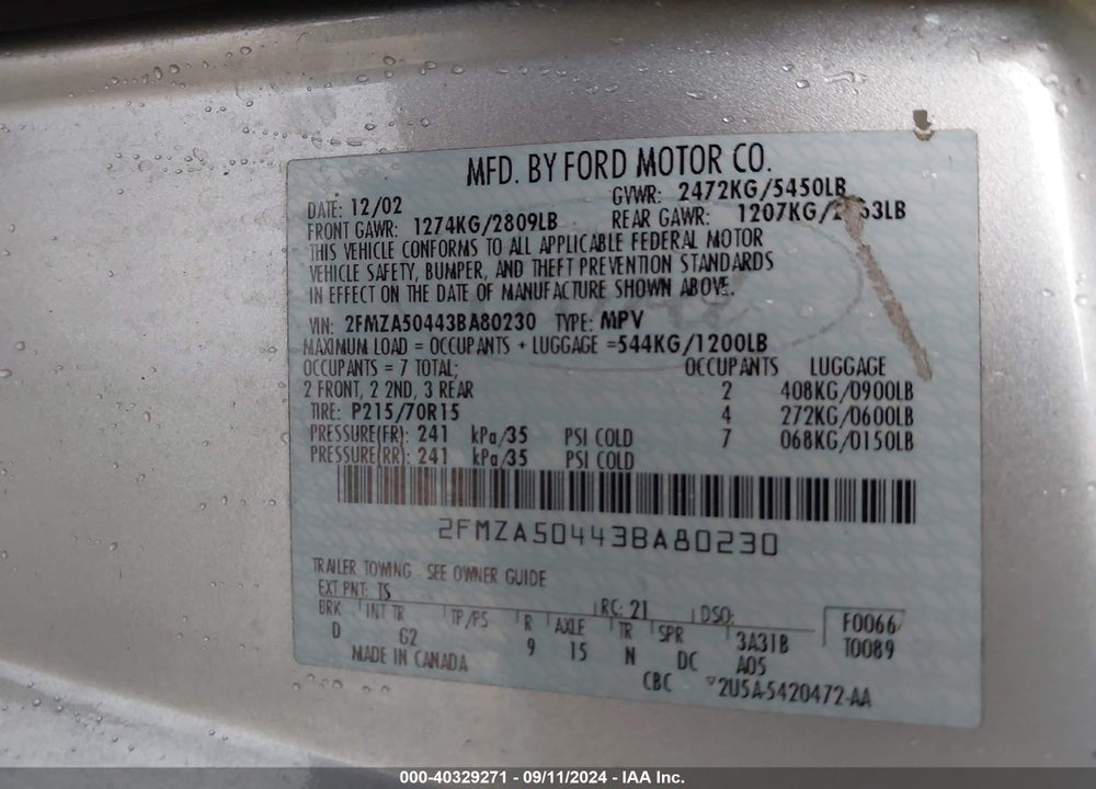 2003 FORD WINDSTAR STANDARD VIN: 2FMZA50443BA80230