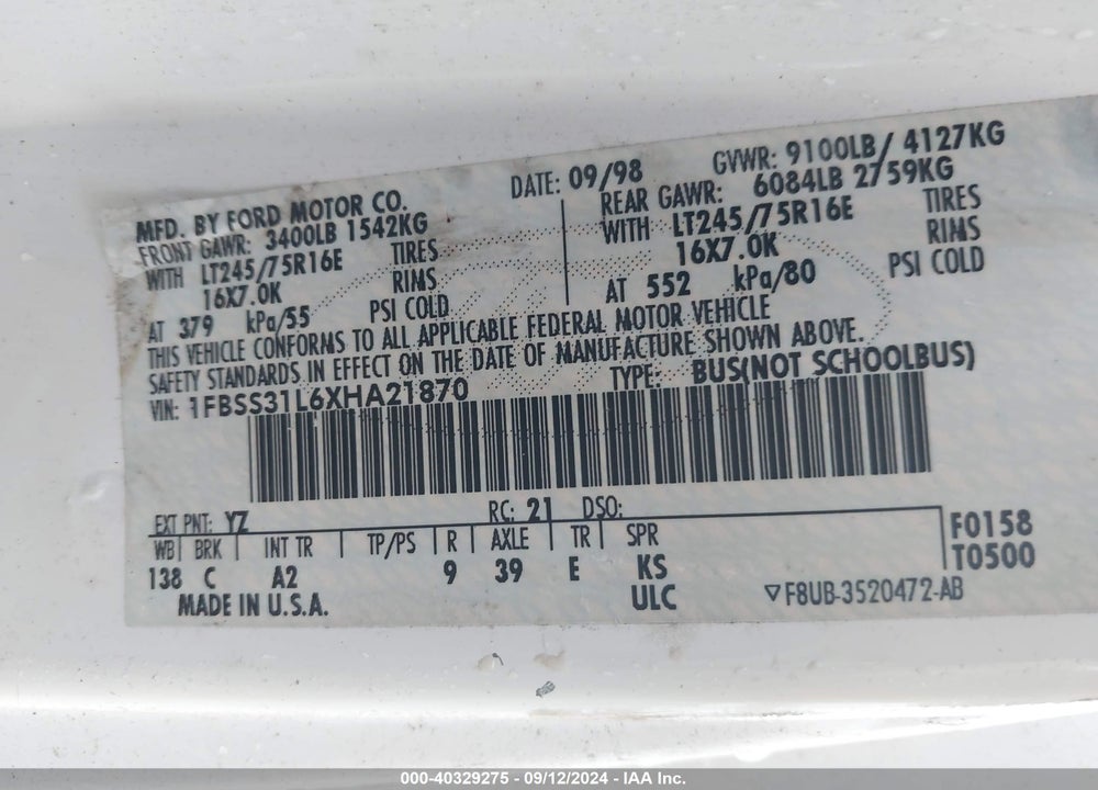 1999 FORD E-350 SUPER DUTY XL/XLT VIN: 1FBSS31L6XHA21870