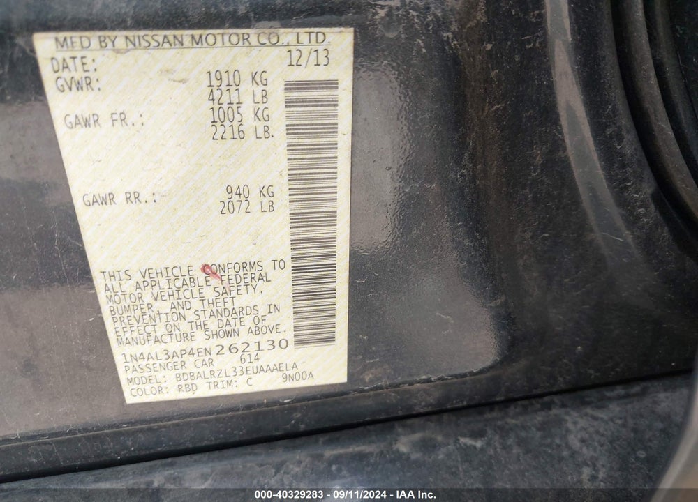 2014 NISSAN ALTIMA 2.5 S VIN: 1N4AL3AP4EN262130