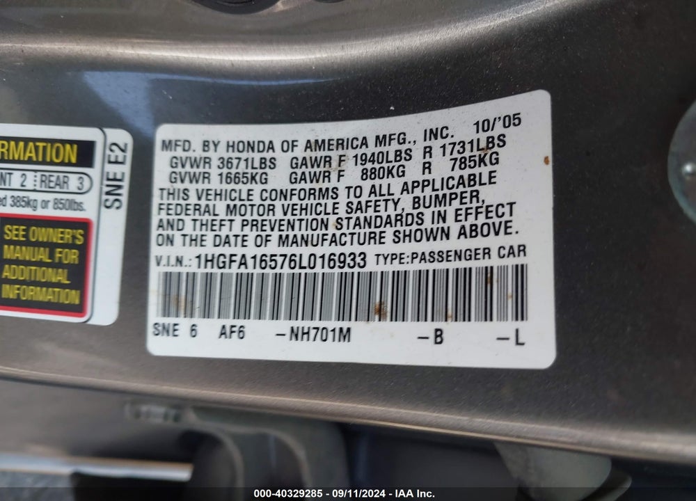 2006 HONDA CIVIC LX VIN: 1HGFA16576L016933