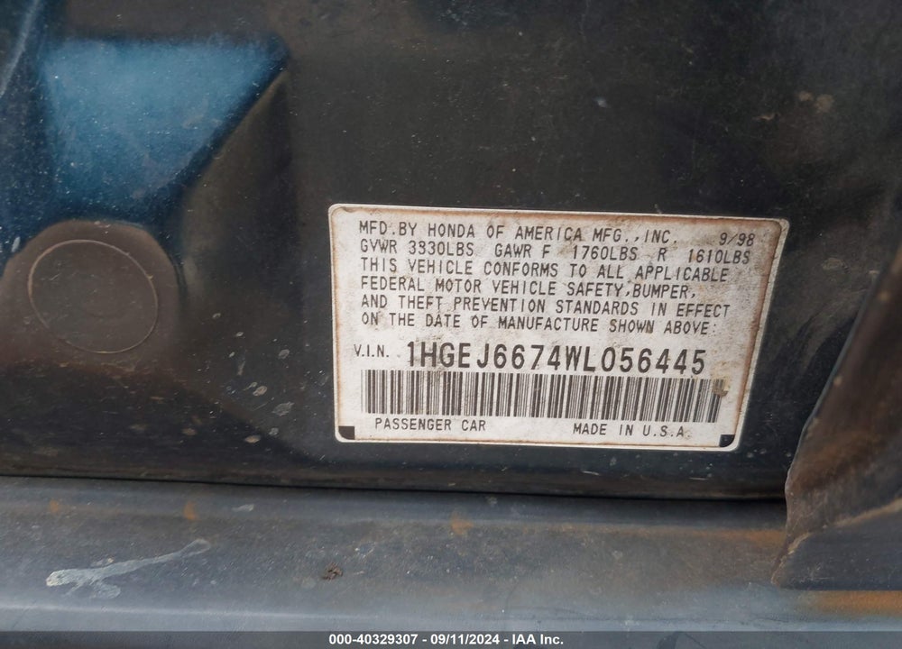 1998 HONDA CIVIC LX VIN: 1HGEJ6674WL056445