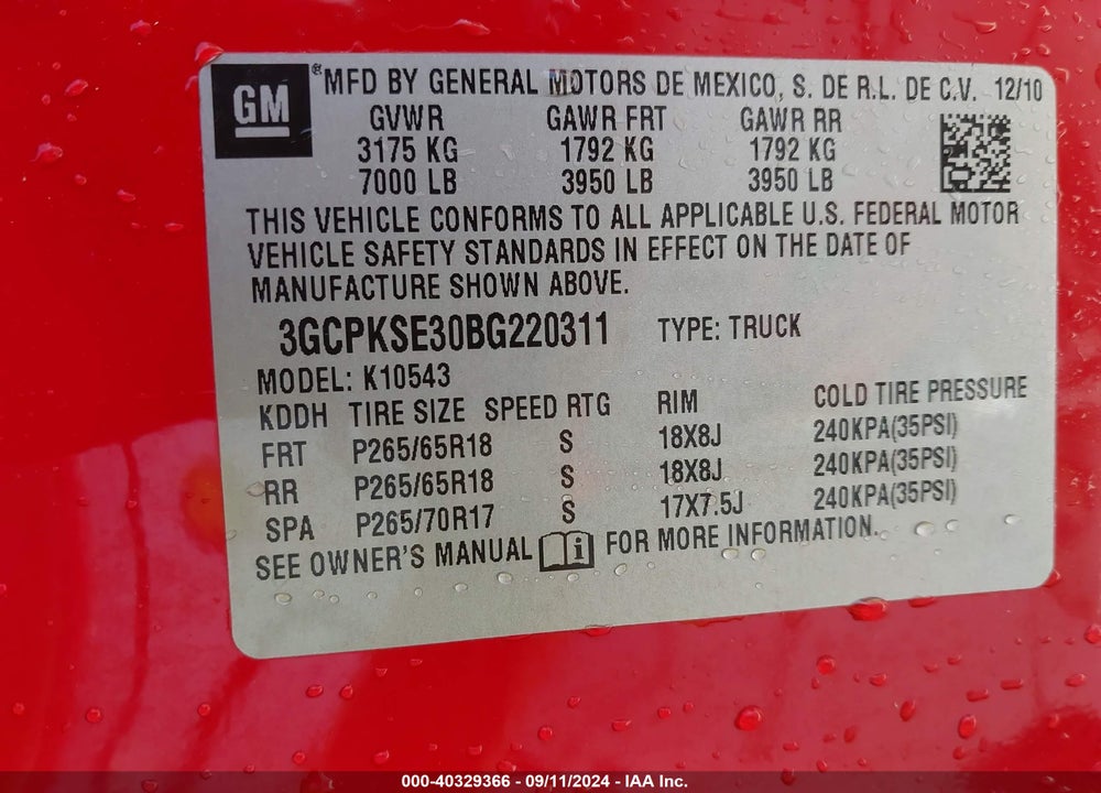 2011 CHEVROLET SILVERADO 1500 LT VIN: 3GCPKSE30BG220311