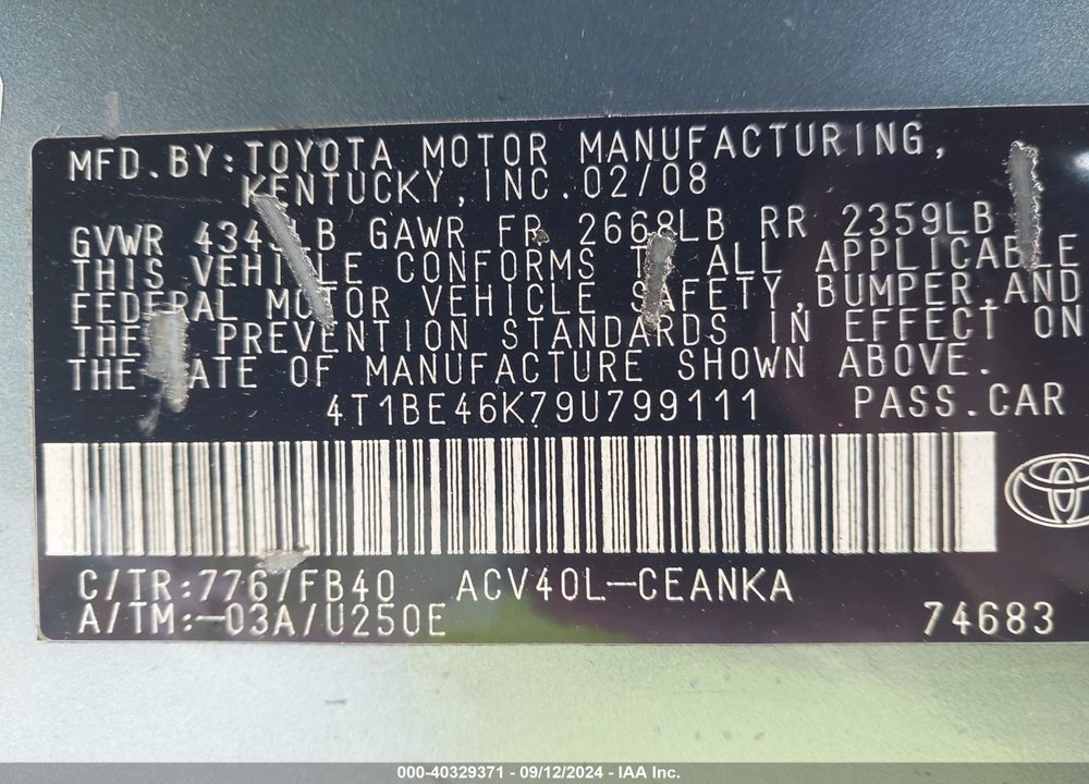 2009 TOYOTA CAMRY LE VIN: 4T1BE46K79U799111