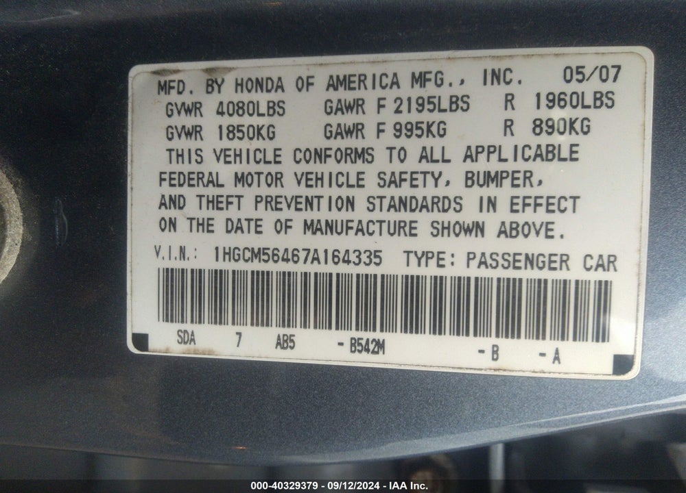2007 HONDA ACCORD 2.4 LX VIN: 1HGCM56467A164335