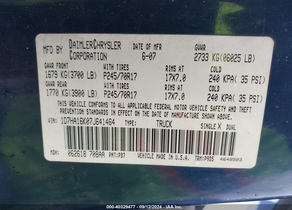 2007 DODGE RAM 1500 ST VIN: 1D7HA16K07J641464