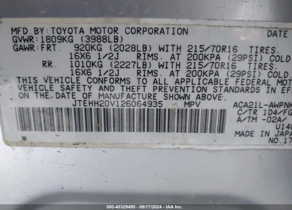 2002 TOYOTA RAV4 VIN: JTEHH20V126064935