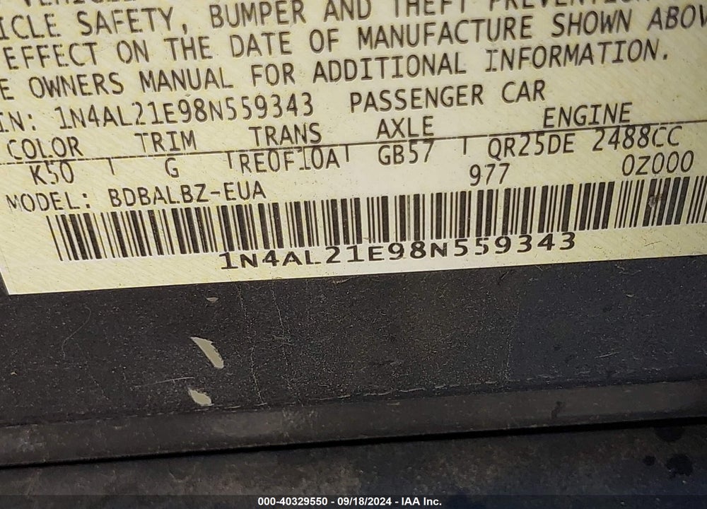 2008 NISSAN ALTIMA 2.5 S VIN: 1N4AL21E98N559343
