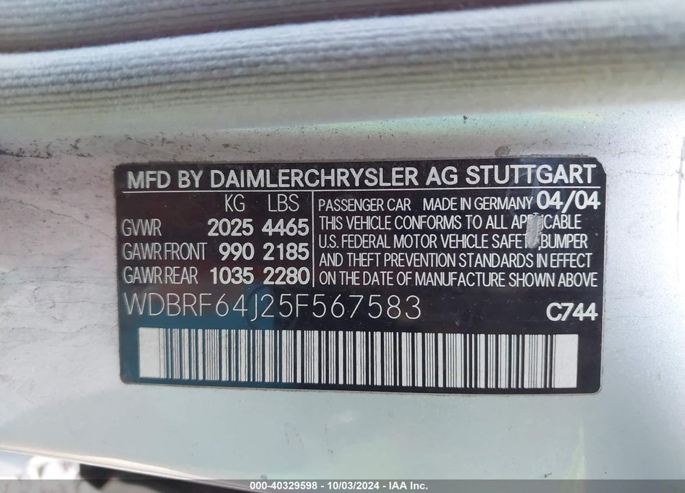 2005 MERCEDES-BENZ C 320 LUXURY/SPORT VIN: WDBRF64J25F567583
