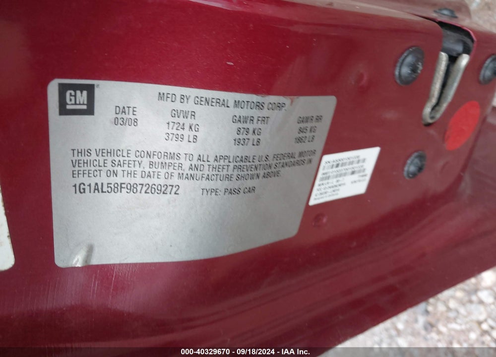 2008 CHEVROLET COBALT LT VIN: 1G1AL58F987269272