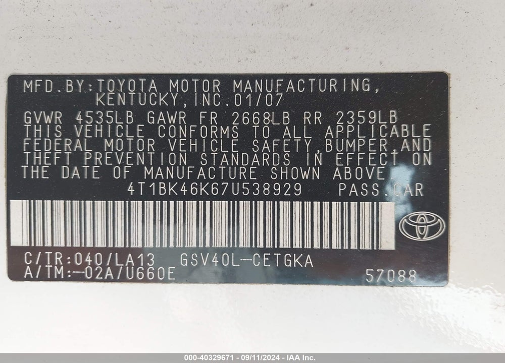 2007 TOYOTA CAMRY XLE V6 VIN: 4T1BK46K67U538929