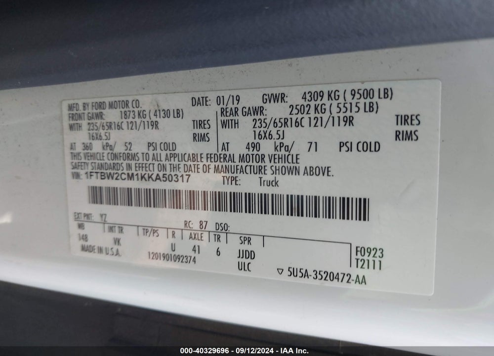 2019 FORD TRANSIT-350 VIN: 1FTBW2CM1KKA50317