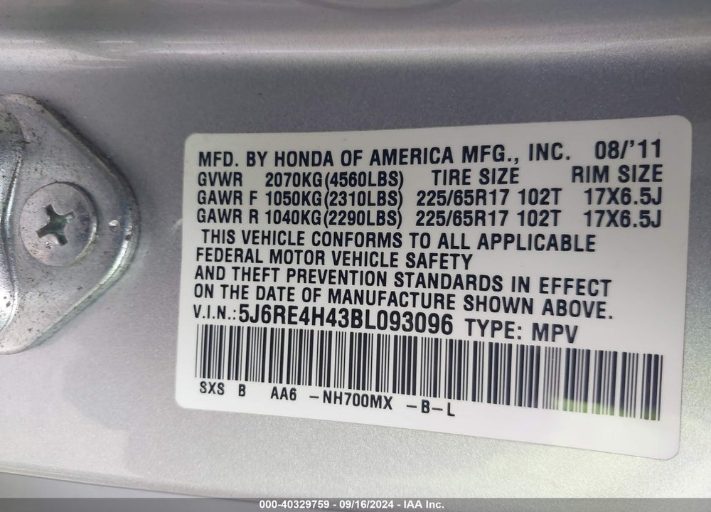 2011 HONDA CR-V SE VIN: 5J6RE4H43BL093096