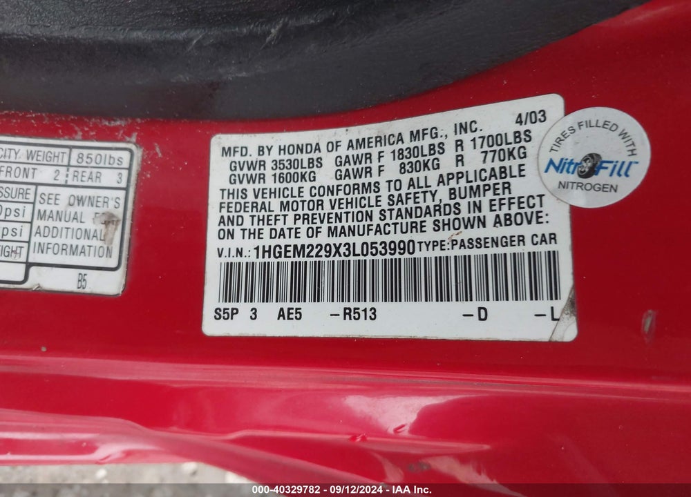 2003 HONDA CIVIC EX VIN: 1HGEM229X3L053990