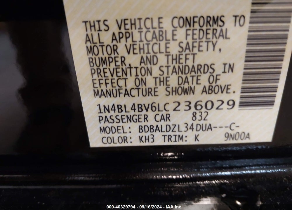 2020 NISSAN ALTIMA S FWD VIN: 1N4BL4BV6LC236029