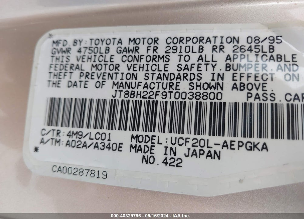 1996 LEXUS LS 400 VIN: JT8BH22F9T0038800