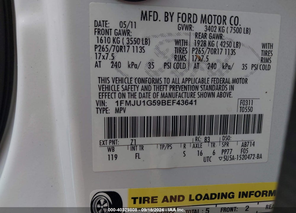 2011 FORD EXPEDITION XL VIN: 1FMJU1G59BEF43641