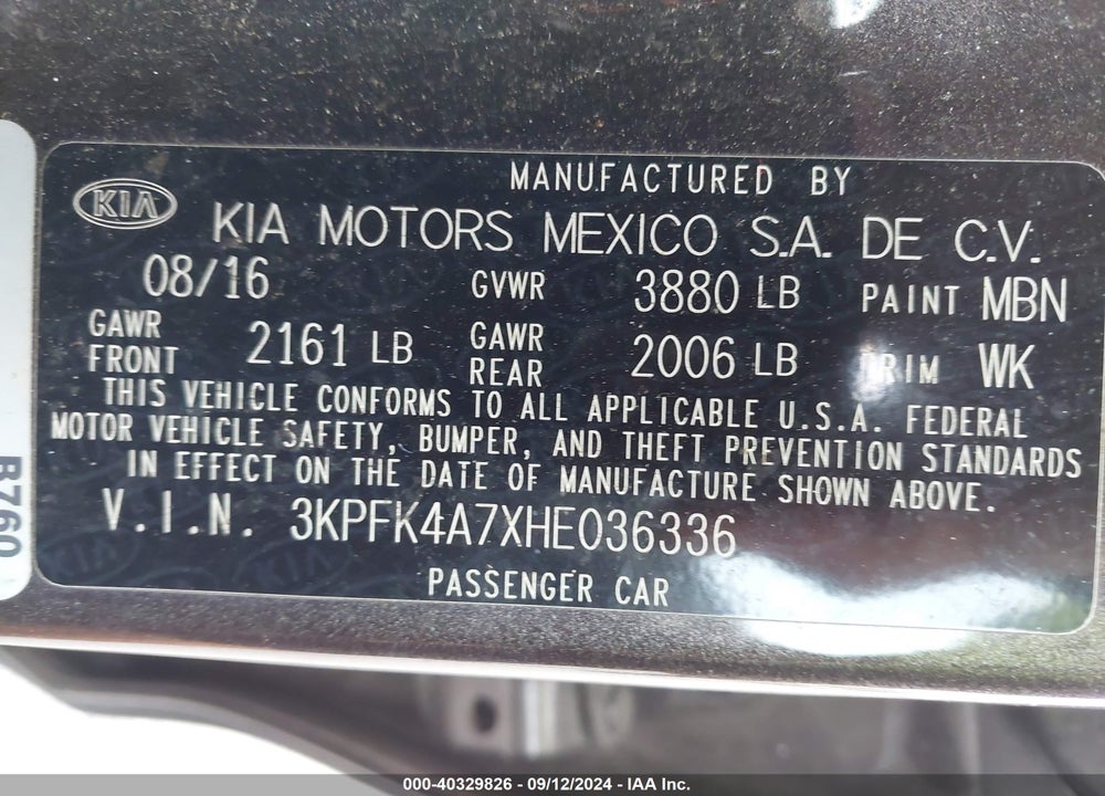 2017 KIA FORTE LX VIN: 3KPFK4A7XHE036336