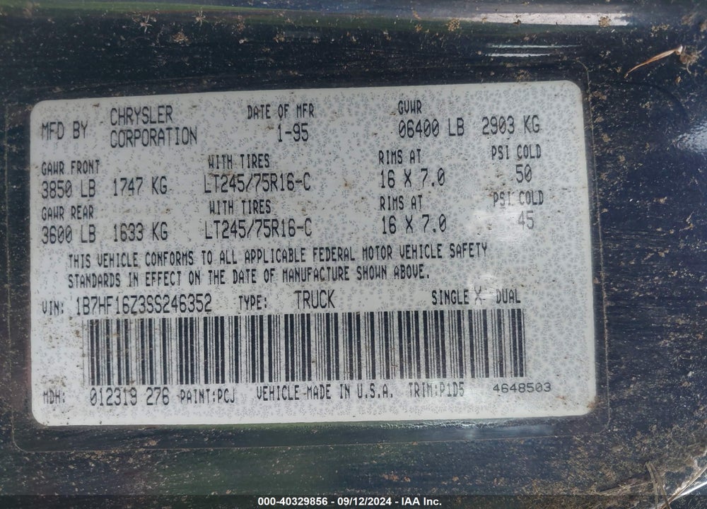 1995 DODGE RAM 1500 VIN: 1B7HF16Z3SS246352