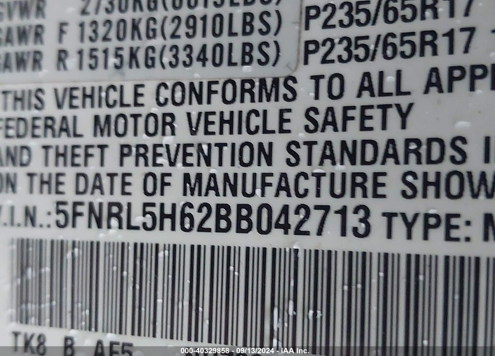 2011 HONDA ODYSSEY EX-L VIN: 5FNRL5H62BB042713