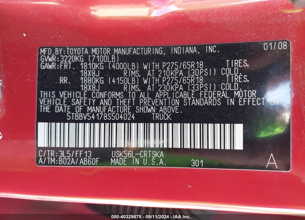 2008 TOYOTA TUNDRA SR5 5.7L V8 VIN: 5TBBV54178S504024