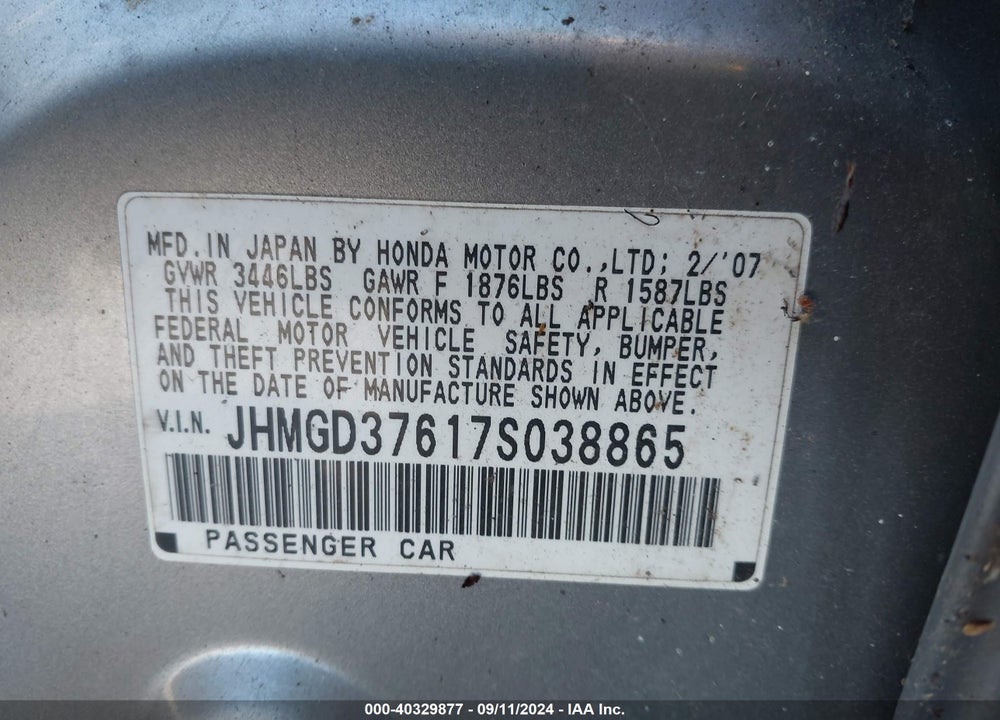 2007 HONDA FIT SPORT VIN: JHMGD37617S038865