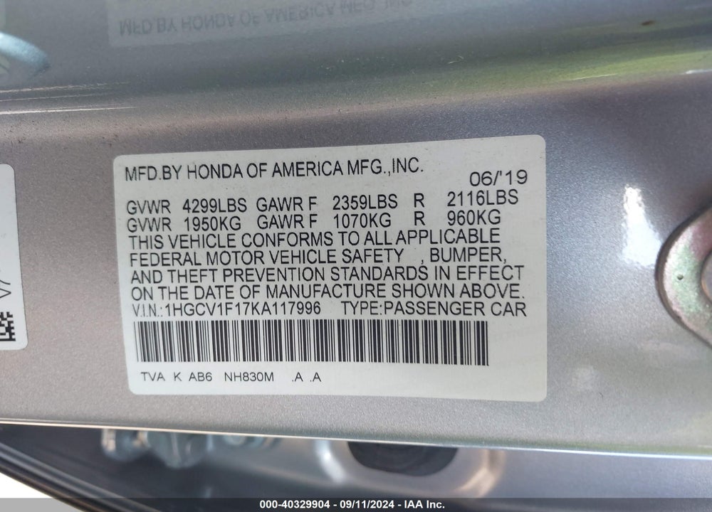2019 HONDA ACCORD LX VIN: 1HGCV1F17KA117996