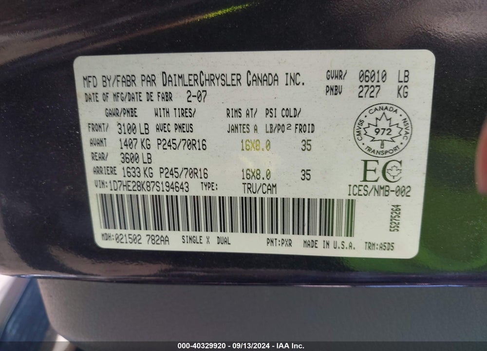 2007 DODGE DAKOTA ST VIN: 1D7HE28K87S194643