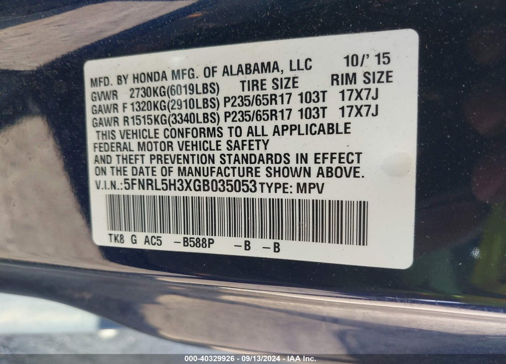2016 HONDA ODYSSEY SE VIN: 5FNRL5H3XGB035053
